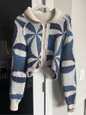 BDG Cream and Blue Geometric Zip-Front Cardigan